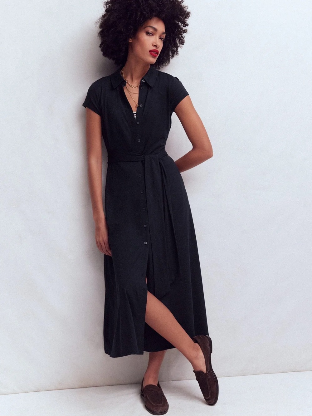 BODEN • Marcia Jersey Shirt Dress navy size 8 short sleeve button down midi